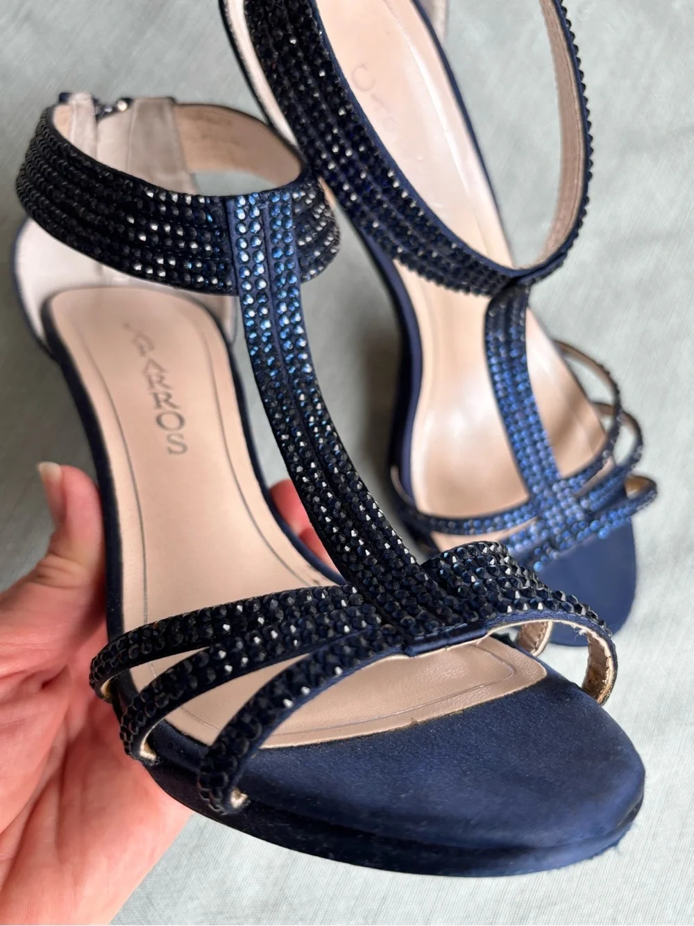 Caparros Navy Crystal T-Strap Evening Heels 8 Prom Wedding Guest